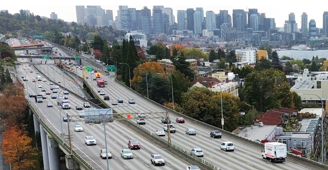 Revive I-5 Ship Canal Bridge 2026: Navigating Seattle Lane Reductions and Spring Load Restrictions Aerial shot of the canal bridge on I-5 in Seattle | Revive I-5 Ship Canal Bridge 2026
